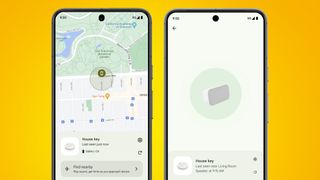 Two Android phones on a yellow background showing Google's new Find My Device network