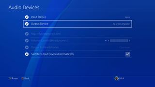 The PlayStation 4 Settings Menu with Audio Devices and options listed.