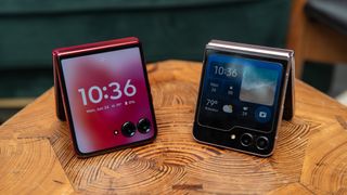 The Motorola Razr Plus 2024 next to the Samsung Galaxy Z Flip 5