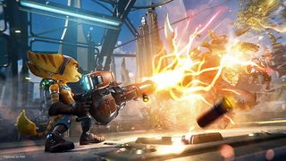 Ratchet affyrer sit gevær i Ratchet and Clank: Rift Apart