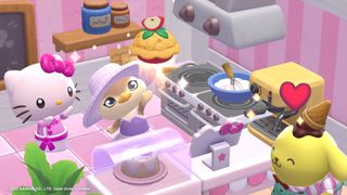 Hello Kitty Island Adventure screenshot of Hello Kitty and Pompompurin in a cafe as the player-character makes an apple pie