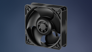 A computer server fan, with unusual additional fan blades in its direct center, where is normally a solid circle.