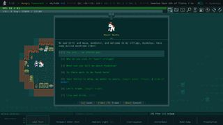 Caves of Qud menu displaying character choices, with Mayor Nuntu welcoming people to the village