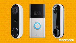 The Arlo Video Doorbell, Ring Video Doorbell 4 and the Google Nest Hello - our pick of the best video doorbells you can buy right now - on a yello background