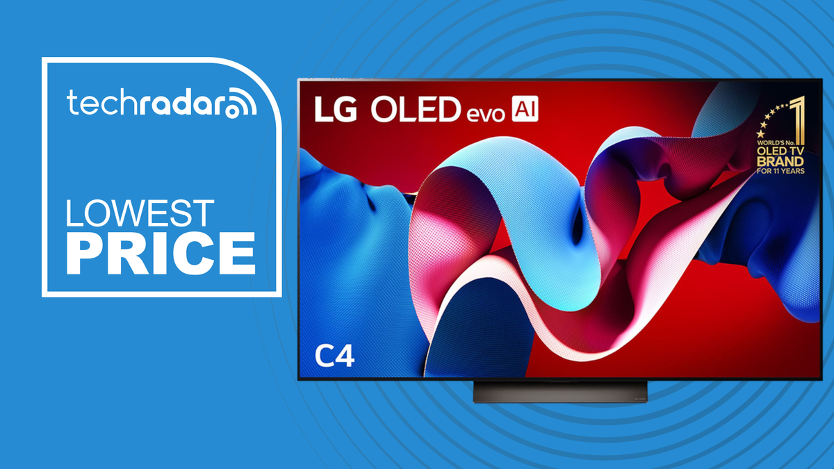 LG C4 OLED TV on a blue background with a sign saying &#039;Lowest Price&#039;