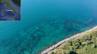 An aerial view of an underwater excavation site, with an inset showing the location on the Western coast of Italy