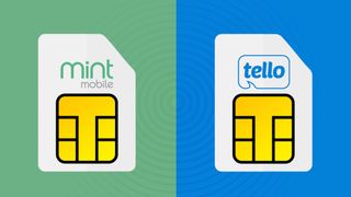 Mint Mobile and Tello branded sims on a green and blue background