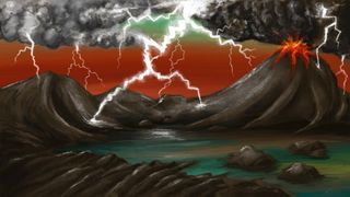 An artist&#039;s rendition of the early Earth environment. Lightning generated by storms and volcanic plumes frequently strikes volcanic rocks. The lightning strikes create fulgurites which contain phosphorus in a form that can be dissolved in water and concentrate in waters like volcanic ponds. Here, the phosphorus is able to form biomolecules which help lead to the emergence of life.