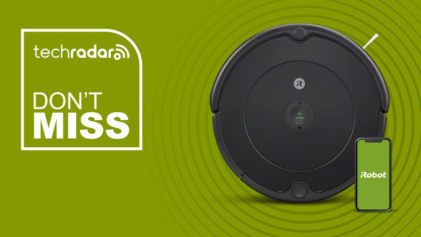 iRobot Roomba Vac Robot Vacuum Q0120 with iRobot app displayed on green background with TechRadar don&#039;t miss sign