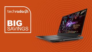 Alienware m18 R2 gaming laptop on orange background with TechRadar big savings sign