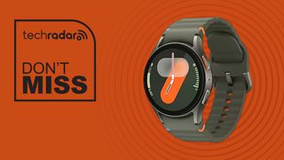 Samsung Galaxy Watch 7 with orange 7 on watch face and olive green wristband on orange background with TechRadar don't miss icon