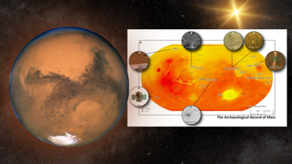 (Main) Earth's neighbor and humanity's number one target for exploration Mars (inset) Map of Mars illustrating the fourteen missions to Mars, key sites, and examples of artifacts contributing to the development of the archaeological record