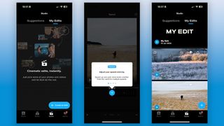 Three screenshots of editing on the GoPro Quik app