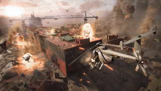 Battlefield 2042 helicopter flying over a building site that is on fire