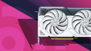 An RTX 4060, the best 1080p graphics card, against a pink techradar background