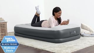 Girl laying on a Sleeplux Durable Inflatable Air Mattress using her phone, with a Black Friday mattress sales badge in the bottom left corner