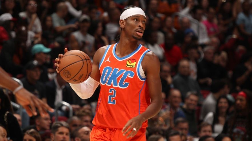 MIAMI, FL - DECEMBER 20: Shai Gilgeous-Alexander #2 of the Oklahoma City Thunder dribbles the ball during the game against the Miami Heat on December 20, 2024 during the NBA 2024-25 season