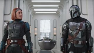 Bo-Katan, Grogu and Din Djarin in The Mandalorian season 3