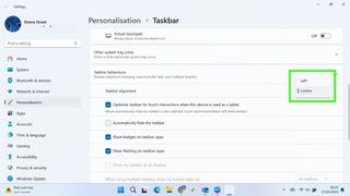 Screenshot showing how to change the alignment of your Windows 11 taskbar - Select left or center