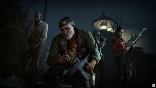 Left 4 Dead 2 art of Bill Overbeck and fellow survivors holding firearms in front of a glowing lighthouse 