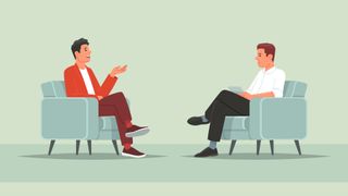 An illustration of two people on chairs having a business meeting