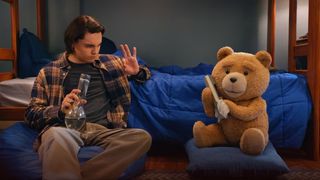 Max Burkholder as John Bennett alongside Ted, voiced by Seth Macfarlane in Ted