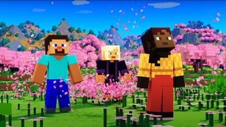 A trio of Minecraft characters, including Steve, look at something off camera in a field surrounded by cherry blossom trees