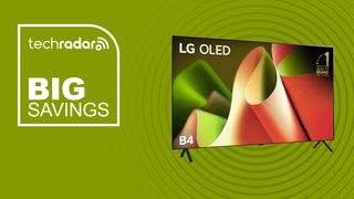 LG 48-inch B4 Series OLED 4K UHD Smart webOS TV on green background with TechRadar big savings sign