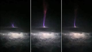 Three sequential photos of a &#039;gigantic jet&#039; lightning bolt blasting out of the top of a cloud over Oklahoma, and shooting directly into space.