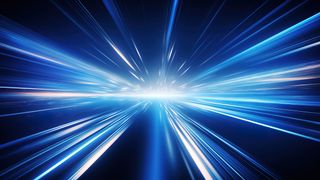 Abstract, futuristic image of blue light streaks radiating outward, giving the impression of rapid movement or traveling at high speed, inspired by the concept of faster-than-light travel