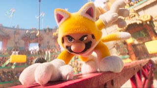 Mario prepares to pounce in his cat costume in The Super Mario Bros. Movie