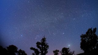 a bright streak of light crosses the night sky above silhouettes of trees