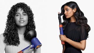 Woman using Dyson Supersonic hair dryer (left) and Airwrap (right) to create a curly style