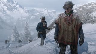 Karaktärer i Red Dead Redemption 2 som går uppe på ett snötäckt berg