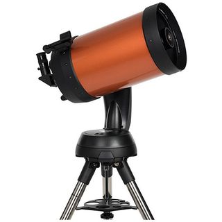 Celestron NexStar 8SE telescope viewed side-on against a white background.