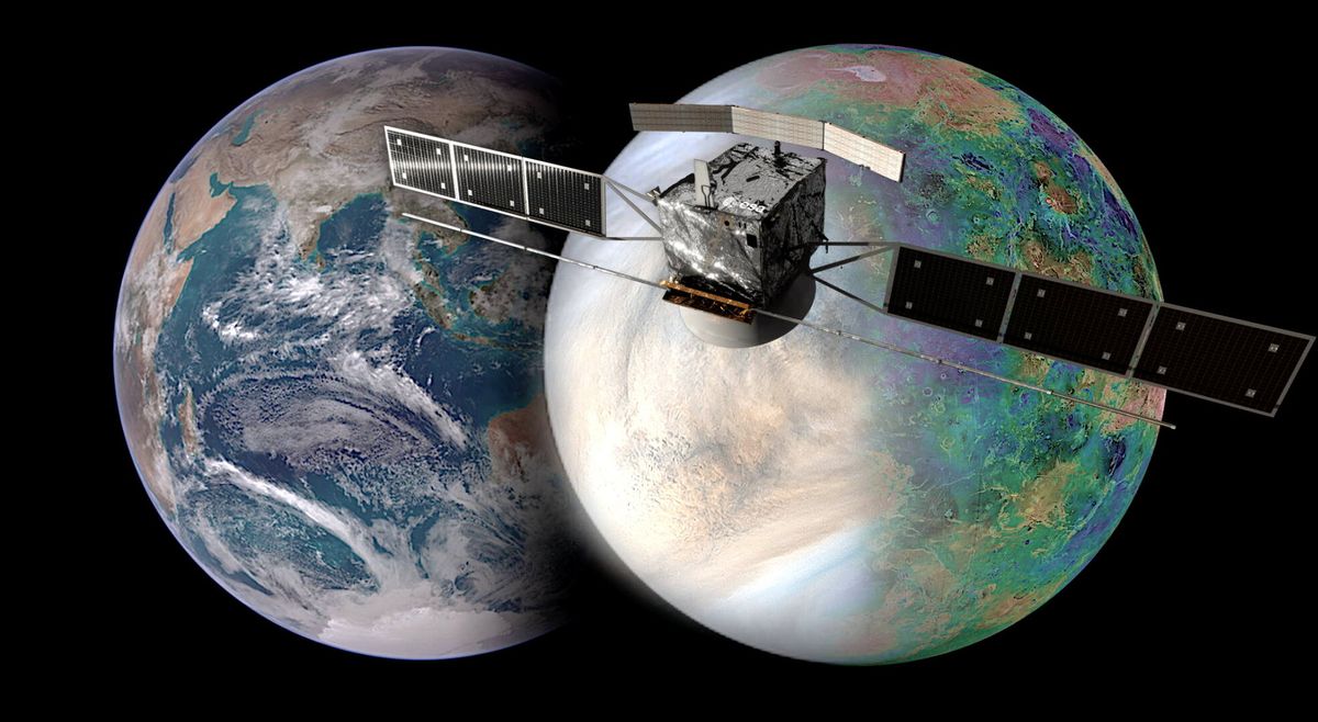 An artist&#039;s depiction of Earth, Venus and ESA&#039;s EnVision spacecraft.