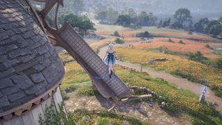 The image shows the player’s character, Nikki, jumping atop a windmill.