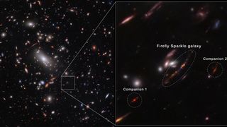 split image showing many bright points on the left, stars and galaxies, with a white box around a faint object, enlarged on the right as a blurry stream of lights circled in a white dotted line.