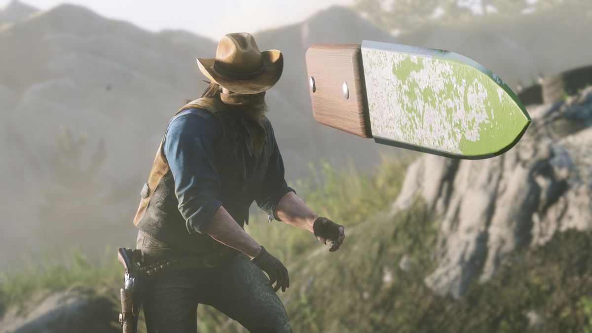 Skjermbilde fra «Red Dead Redemption 2» som viser en mann som kaster en kniv