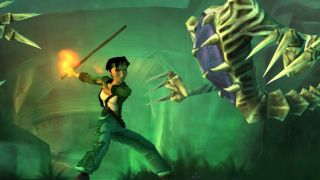 Jade uses a stick to fight a ghoulish enemy in Beyond Good and Evil