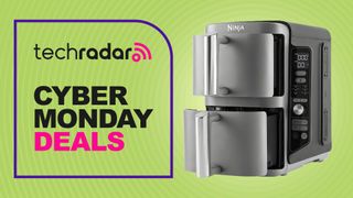 Air fryer on green background with text reading "TechRadar Cyber Monday deals"