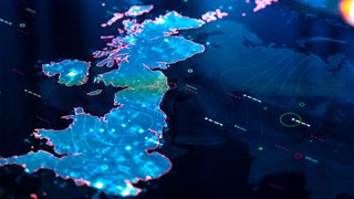 Concept art showing a digitized map of the United Kingdom and Northern Ireland.