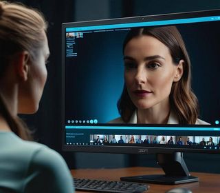 A woman sits at a computer on a video call, with a face that is not hers reflected back at her