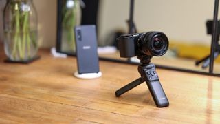 The Sony ZV-E10 mounted on a desktop tripod