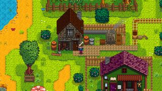 Stardew Valley outside the blacksmith holding a bone