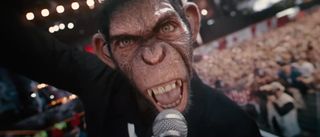 Robbie Williams, as a chimp, performing a concert in Better Man