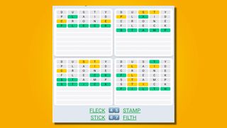 Quordle Daily Sequence answers for game 537 on a yellow background