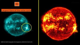 A composite image of the May 14 solar flare taken by the GOES-16 satellite (left) and NASA&#039;s Solar Dynamic Observatory (right) 