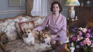 The Queen posing with her corgis in The Crown.