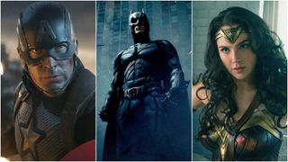 Best superhero movies: close-up images of Captain America, Batman, and Wonder Woman.